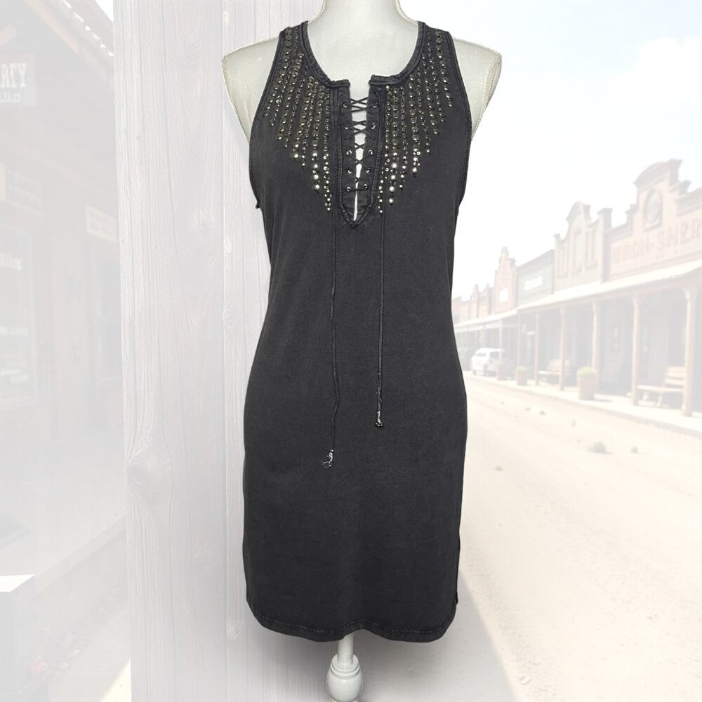 Ecote Large Gray Studded Lace Up Tank Dress Racerback Mini Boho Festival Western